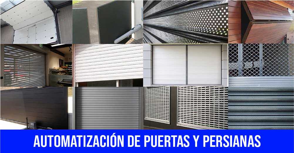 Una imagen de numerosas puertas y persianas de distintos tipos automatizadas